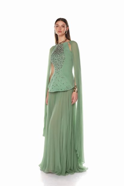 Mintfarbenes Abendkleid mit Cape Detail und Falten